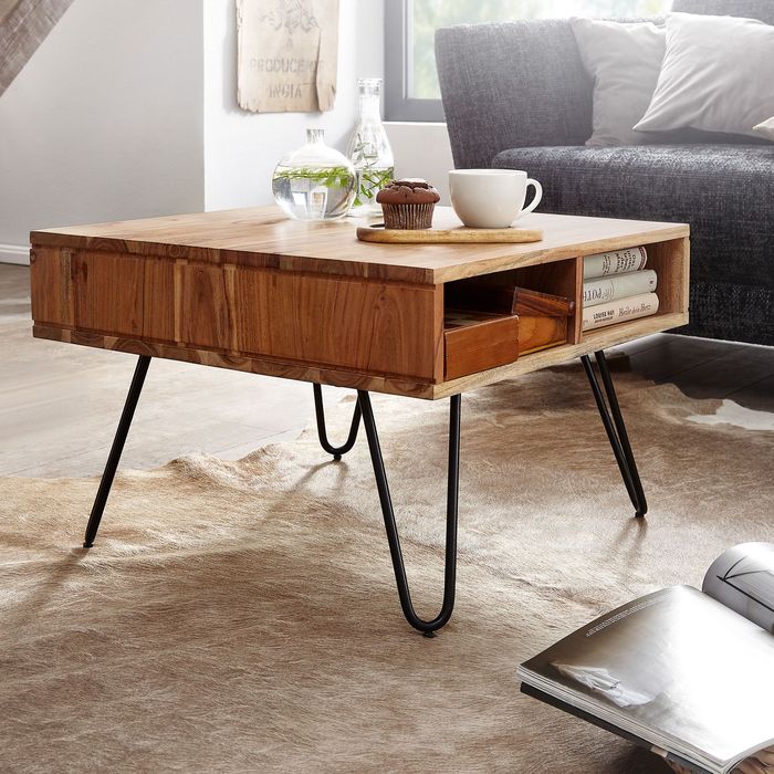 FineBuy Couchtisch 60x60x40 cm Akazie Massivholz / Metall Design Sofatisch Eckig, Stubentisch Holz mit Stauraum, Wohnzimmertisch Holz Quadratisch Braun 4251757704642