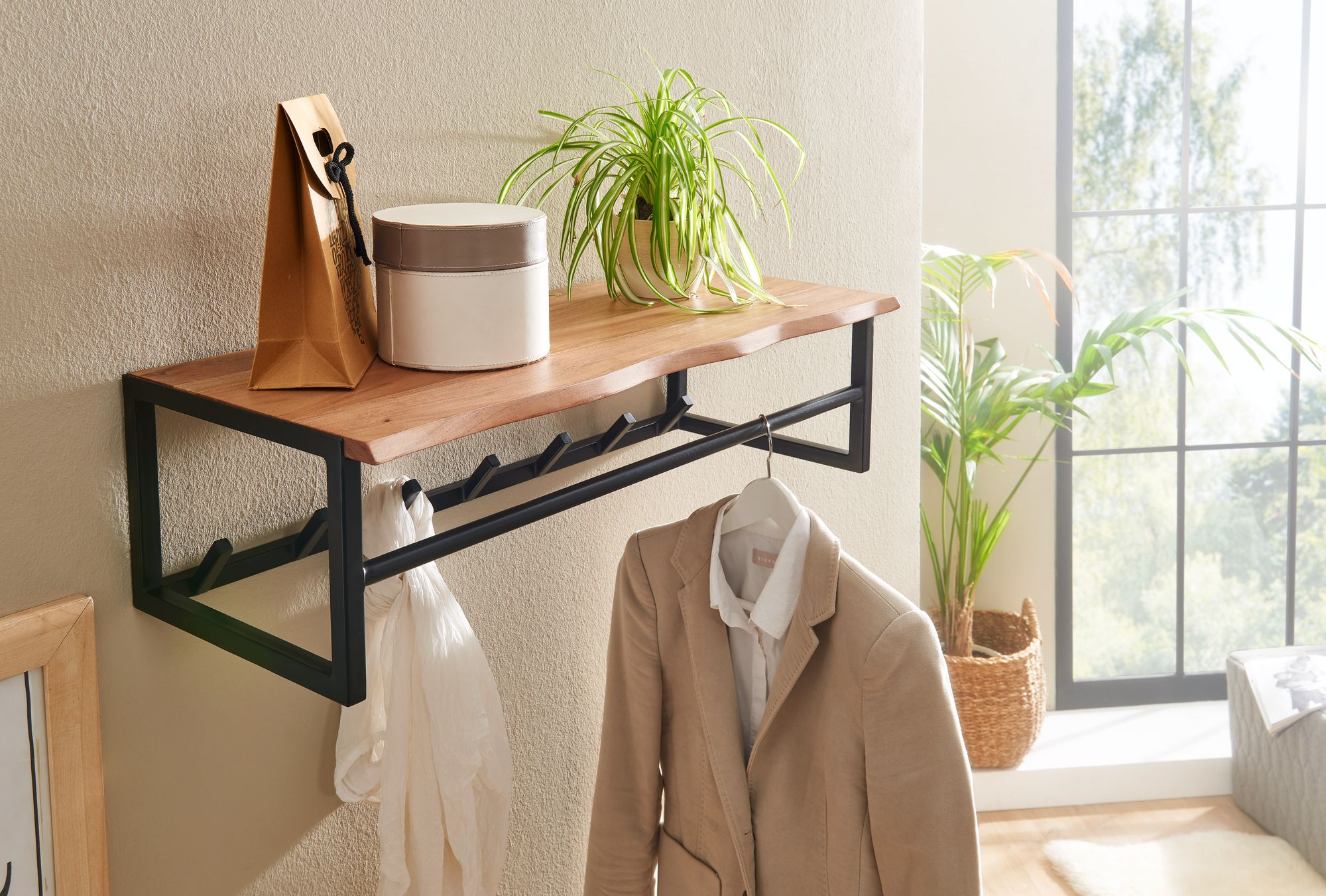 FineBuy Wandgarderobe Holz Metall 80 cm Garderobe mit Ablage Flur Hakenleiste – Ansicht 2