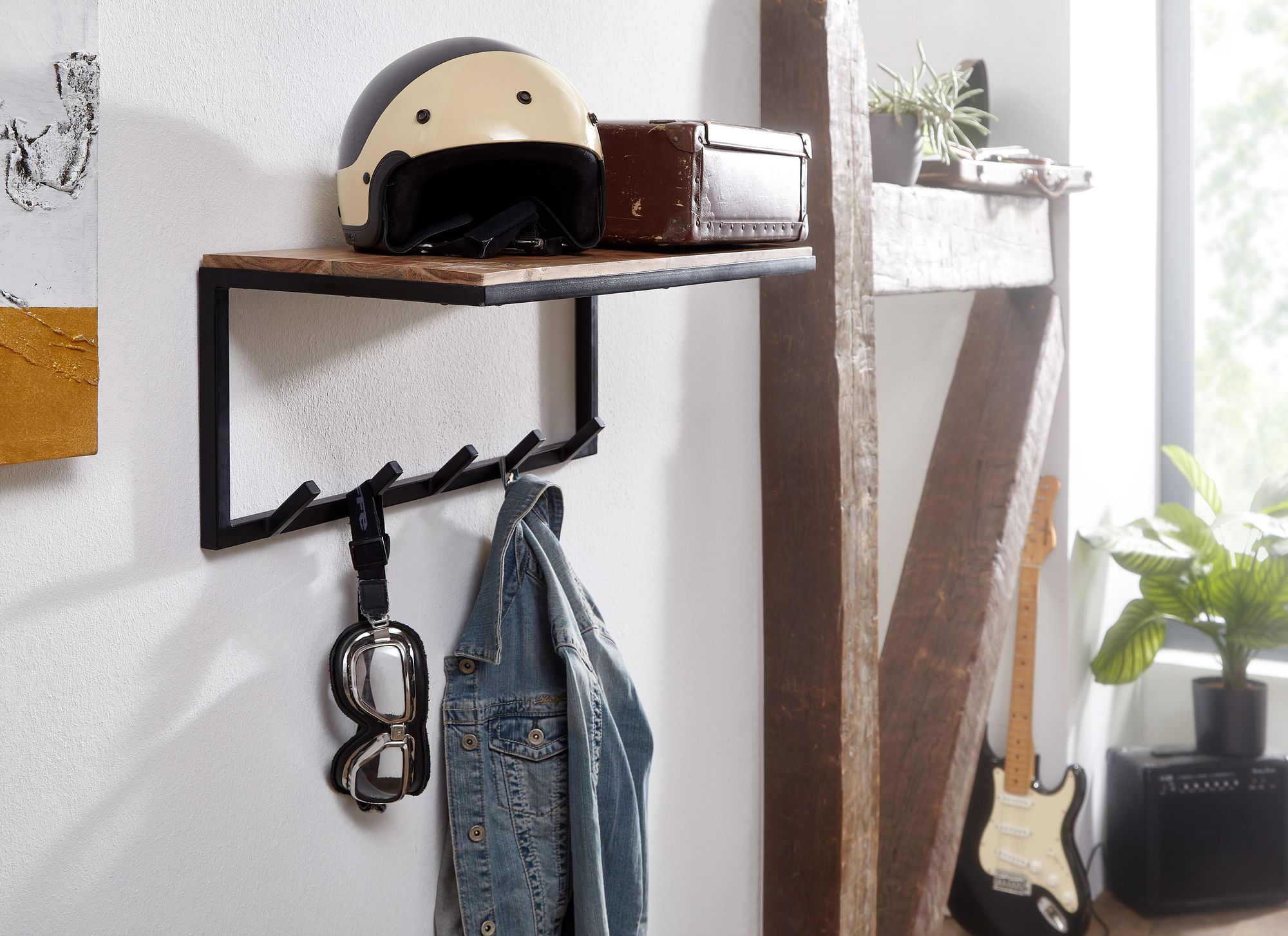 FineBuy Wandgarderobe Holz Metall 70 cm Garderobe mit Ablage Flur Hakenleiste – Ansicht 2