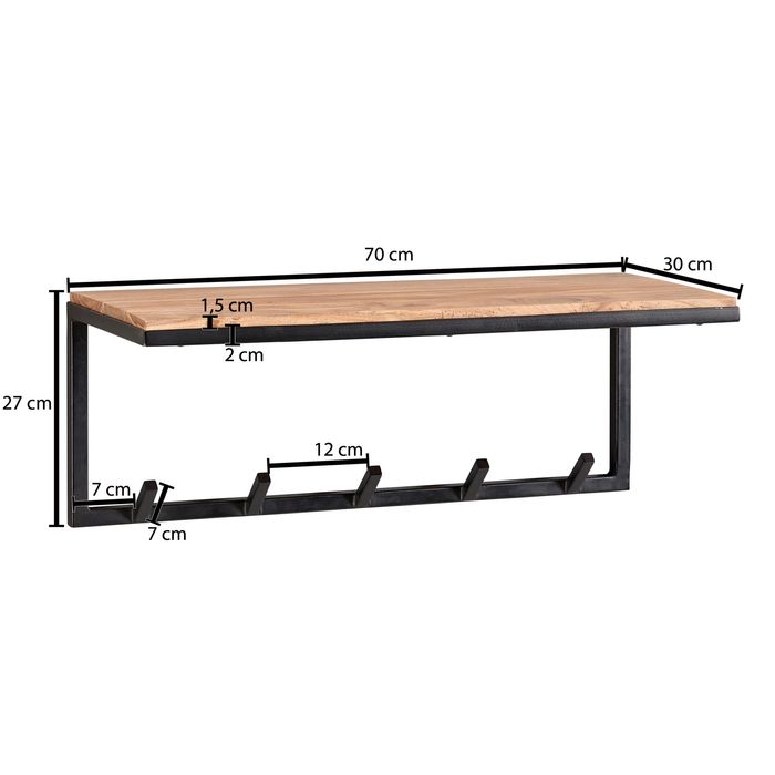 FineBuy Wandgarderobe Holz Metall 70 cm Garderobe mit Ablage Flur Hakenleiste – Maßzeichnung