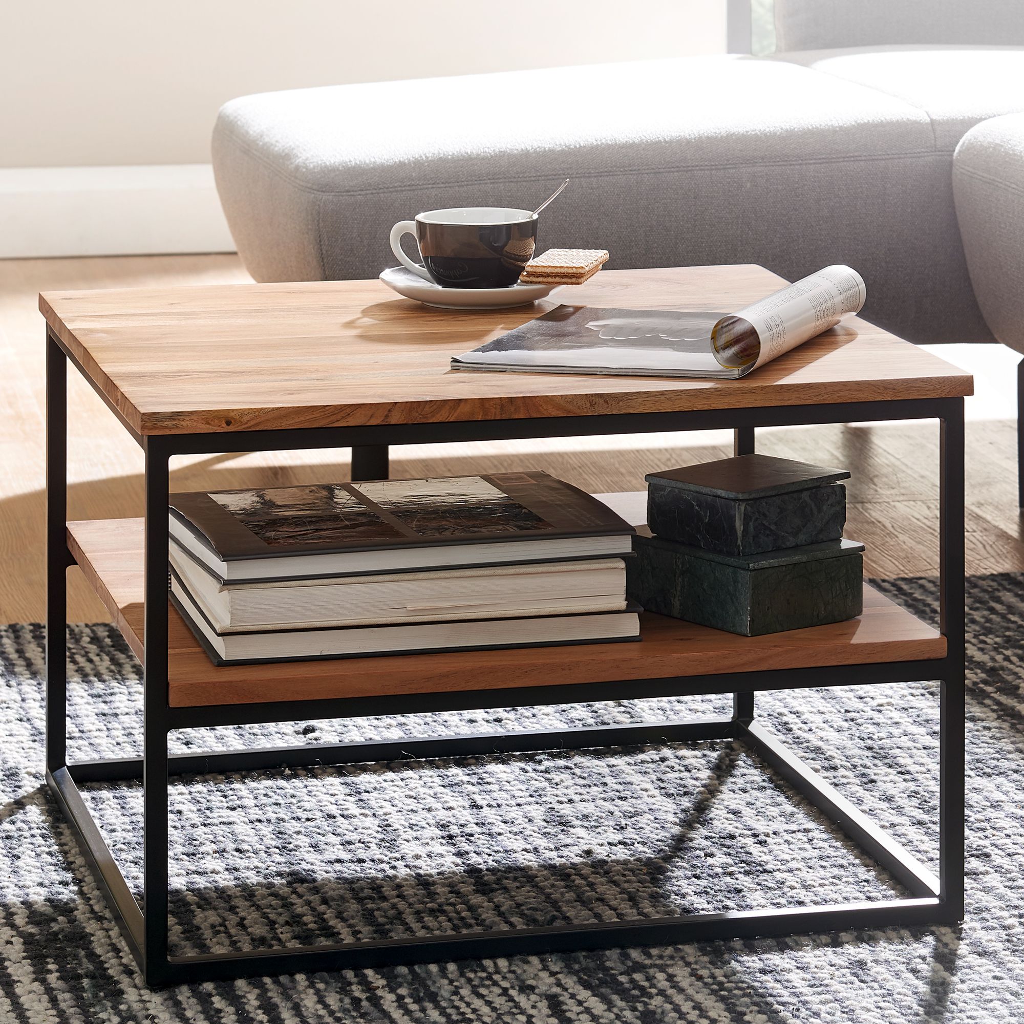 FineBuy Couchtisch quadratisch 60cm Akazie Massivholz Wohnzimmertisch 2 Ablagen – Ansicht 1