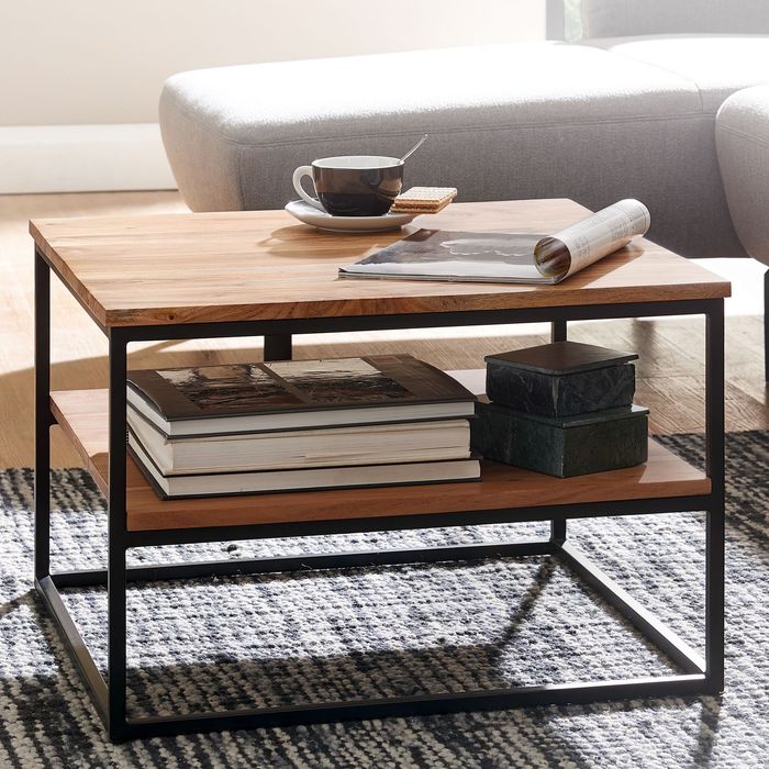 FineBuy Couchtisch quadratisch 60cm Akazie Massivholz Wohnzimmertisch 2 Ablagen