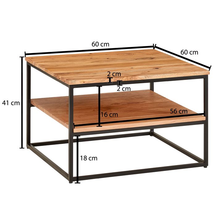 FineBuy Couchtisch quadratisch 60cm Akazie Massivholz Wohnzimmertisch 2 Ablagen – Maßzeichnung