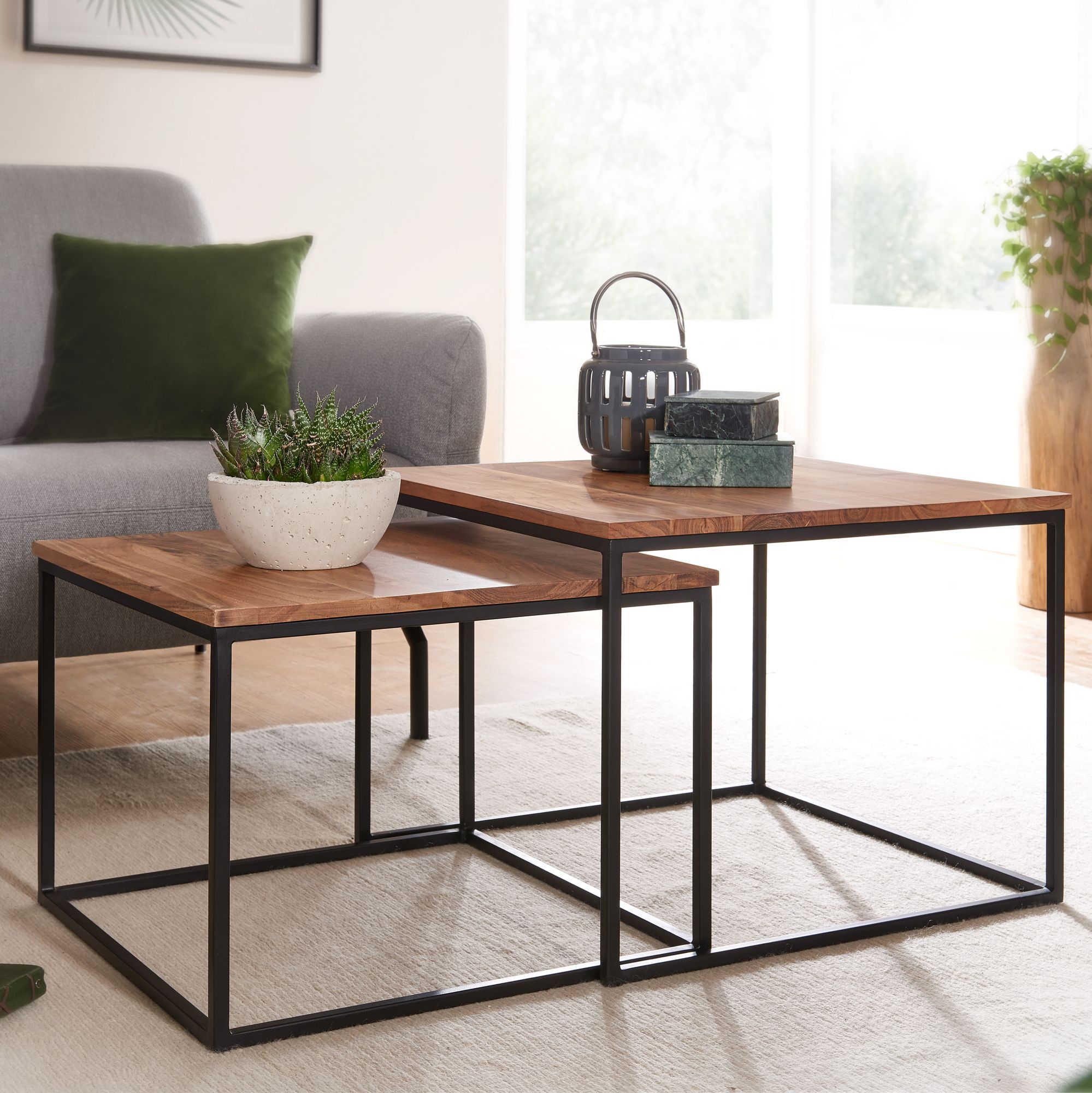 Couchtisch 2er Set Akazie Massivholz quadratisch · Wohnzimmertisch Industrial – Ansicht 1