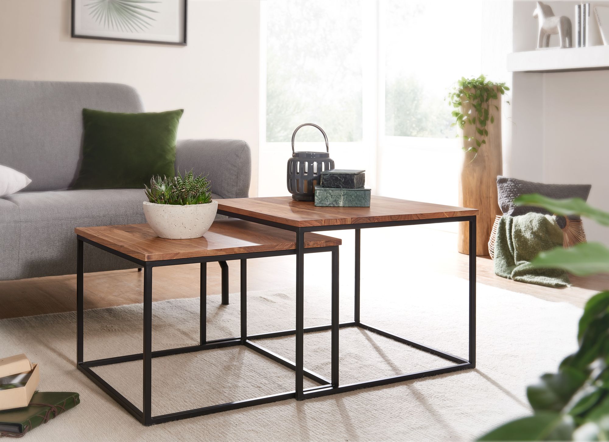 Couchtisch 2er Set Akazie Massivholz quadratisch · Wohnzimmertisch Industrial – Ansicht 2