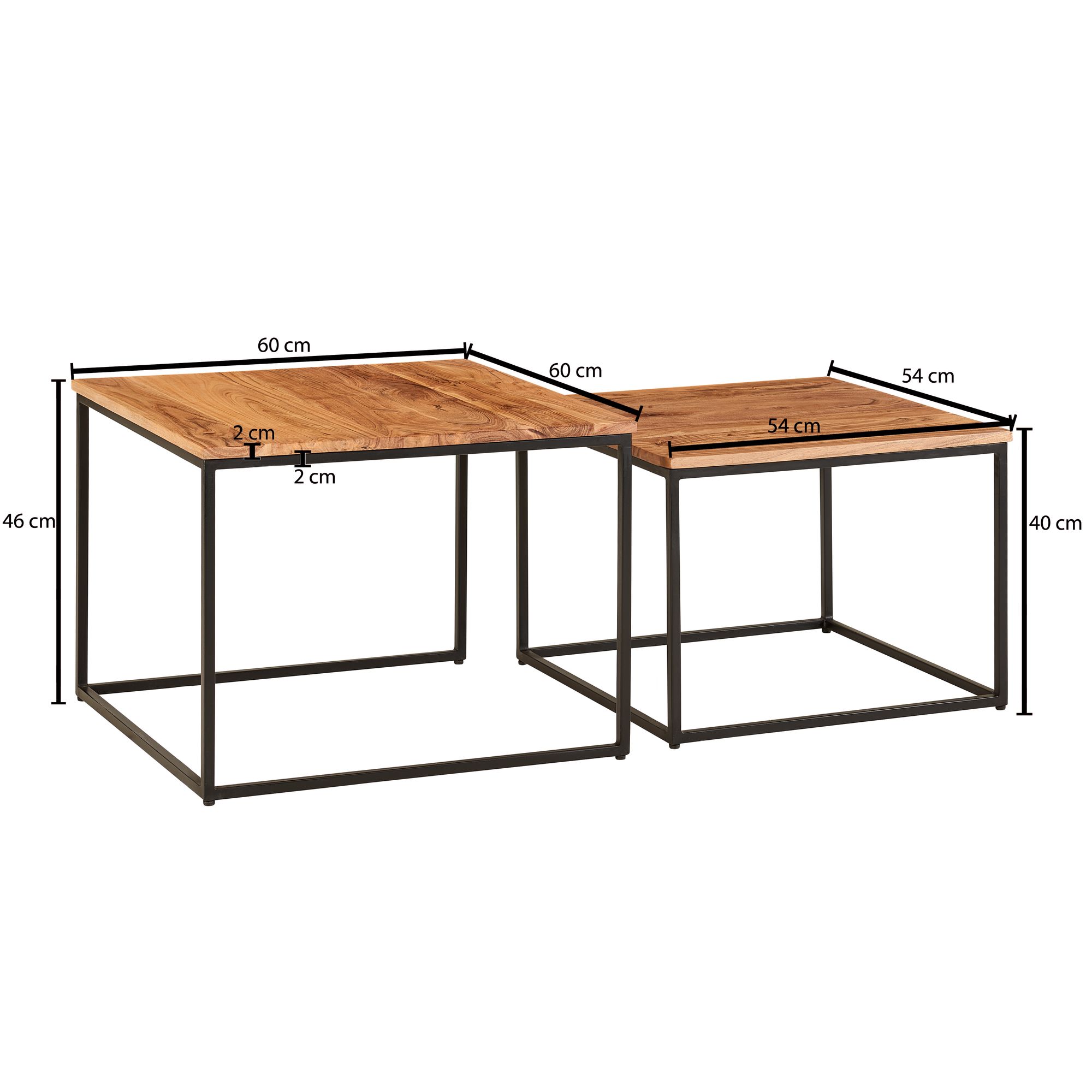 Couchtisch 2er Set Akazie Massivholz quadratisch · Wohnzimmertisch Industrial – Ansicht 3