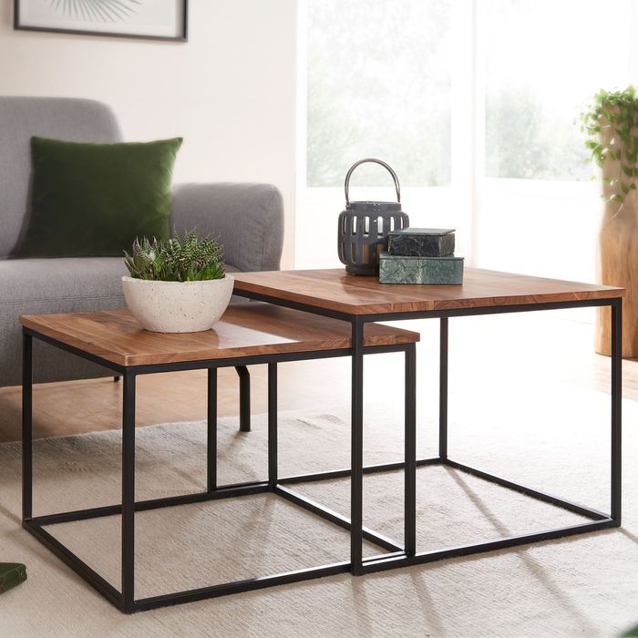 FineBuy Wohnzimmertisch 2er Set Akazie Massivholz / Metall Beistelltisch Eckig, Design Couchtisch mit Metallbeine Sofatisch, Tischset 2-teilig Satztisch 4251757704710