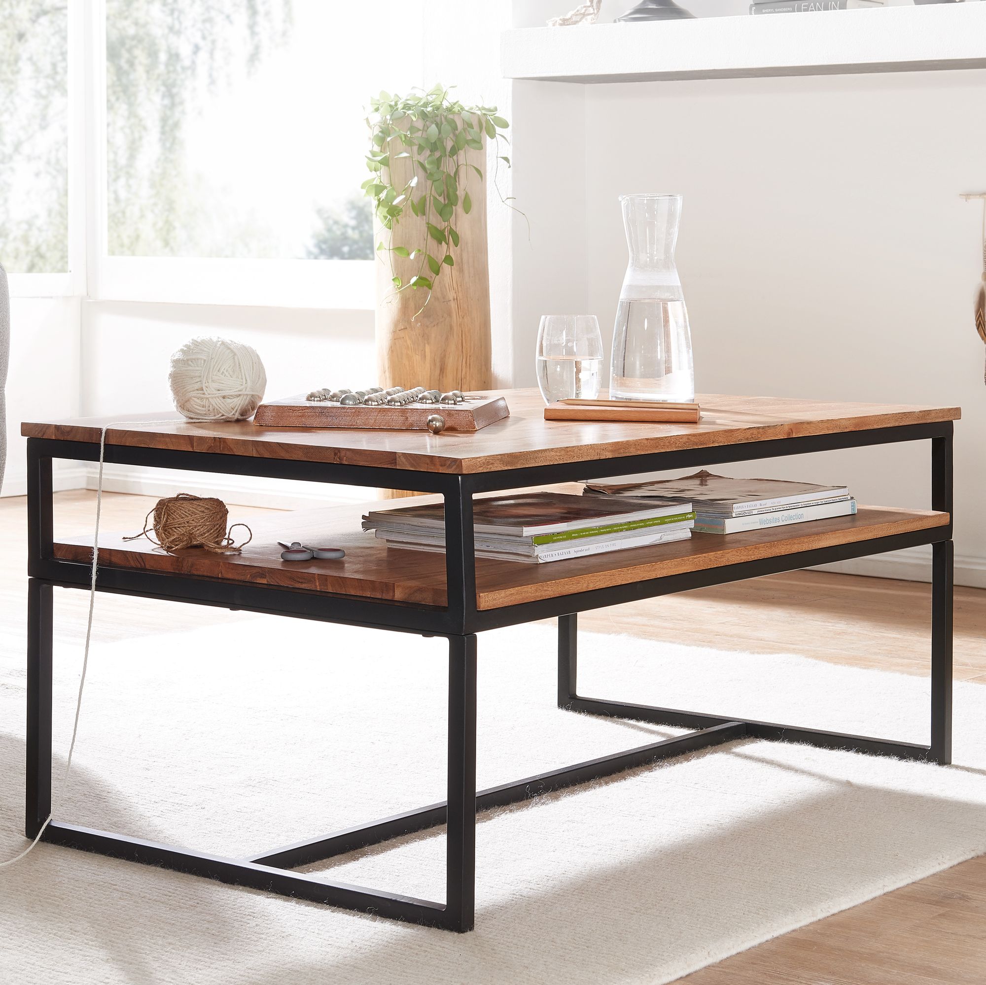 Couchtisch Akazie Massivholz 100cm rechteckig Wohnzimmertisch Ablage Loft Design – Ansicht 1