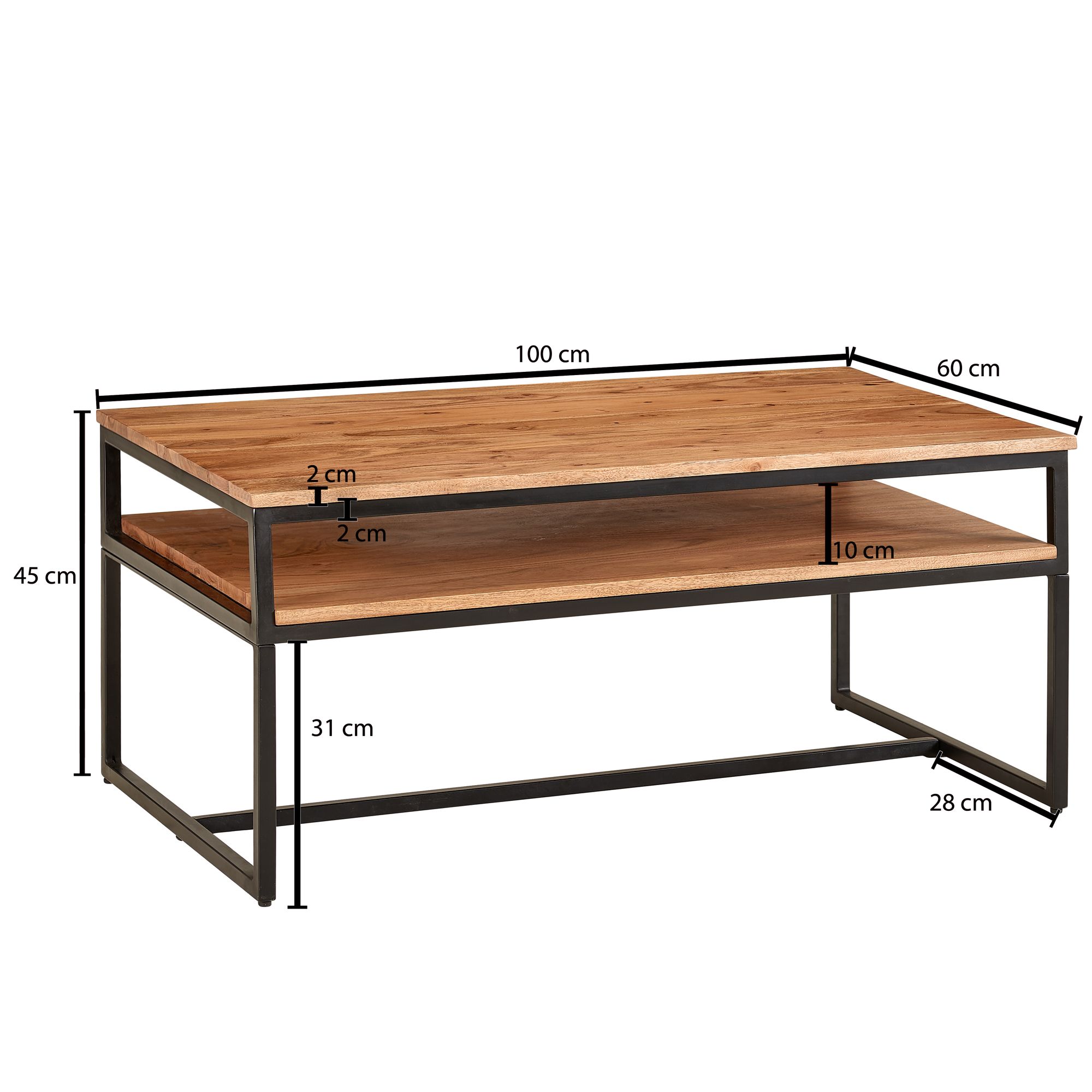 Couchtisch Akazie Massivholz 100cm rechteckig Wohnzimmertisch Ablage Loft Design – Ansicht 3