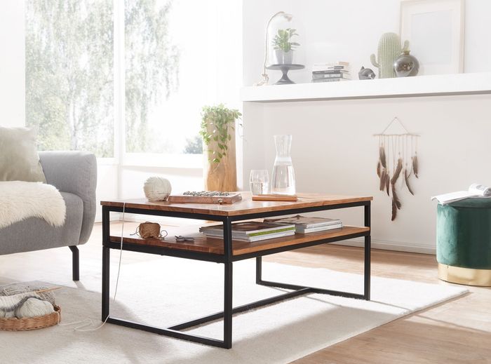 FineBuy Couchtisch 100x60x45 cm Massivholz Metall Sofatisch Wohnzimmertisch Akazie, Stubentisch Industrial mit Stauraum, Holztisch Kaffeetisch Massiv 4251757704727
