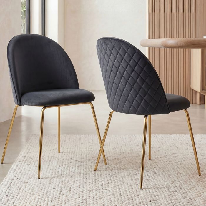FineBuy Design Esszimmerstühle Samt 2er Set mit Steppung, Moderner Küchenstuhl, Polsterstuhl Esszimmer Skandinavisch, Essstuhl mit goldenen Metall Beinen, Bequeme Küchenstühle gepolstert