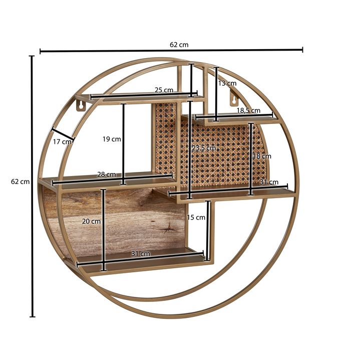 Wandregal FineBuy Hängeregal Holz Metall 62x62x17 cm Regal Rund Wiener Geflecht – Maßzeichnung