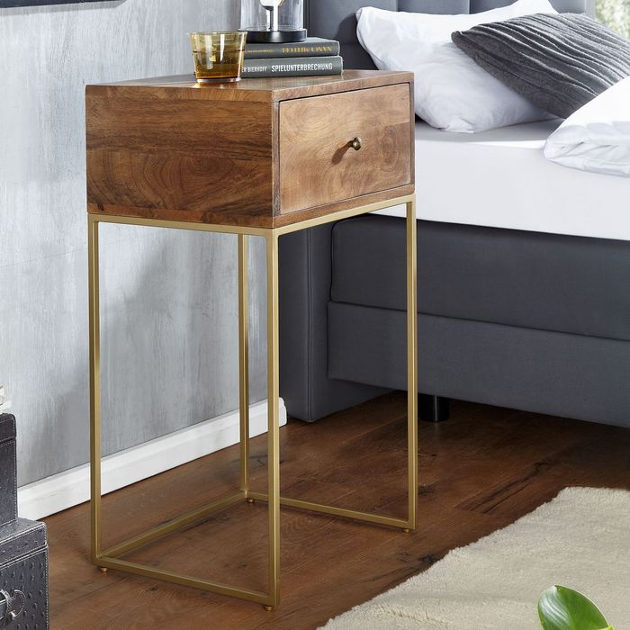 FineBuy Nachttisch Mango Massivholz / Metall 40x75,5x35 cm Nachtschrank Boxspringbett, Design Nachtkonsole mit Schublade, Nachtkommode mit Stauraum 4251757705809