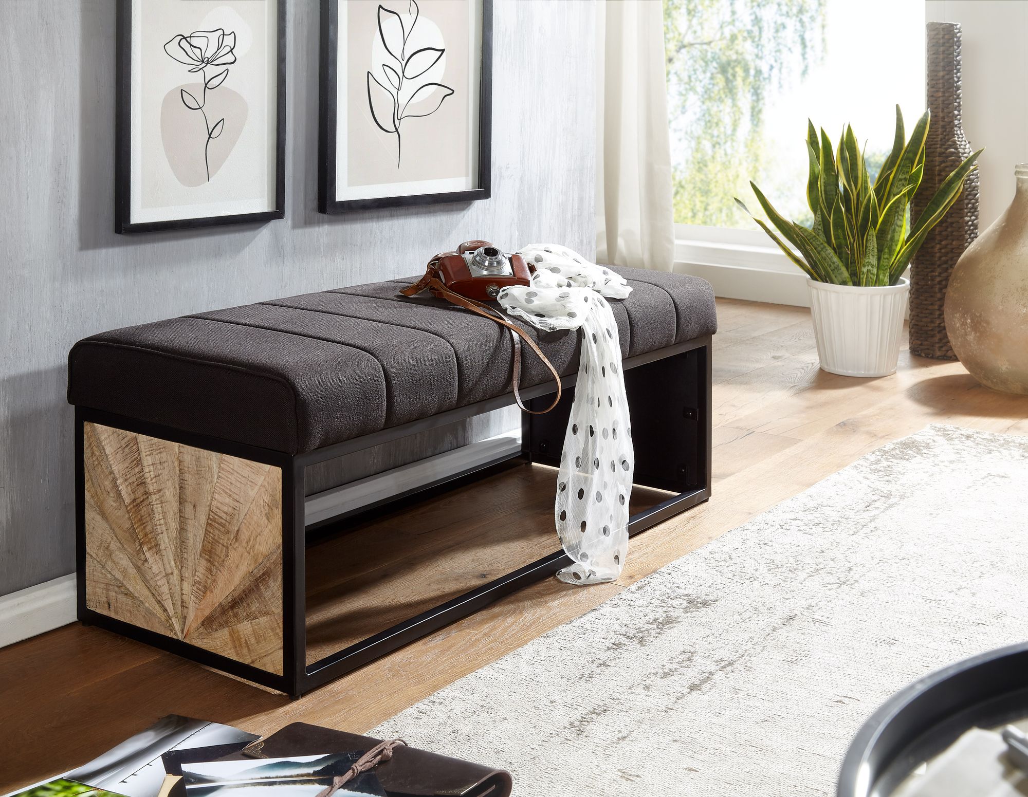Sitzbank FineBuy Polsterbank Schwarz 105 cm Bettbank Schlafzimmer Flurbank Stoff – Ansicht 2