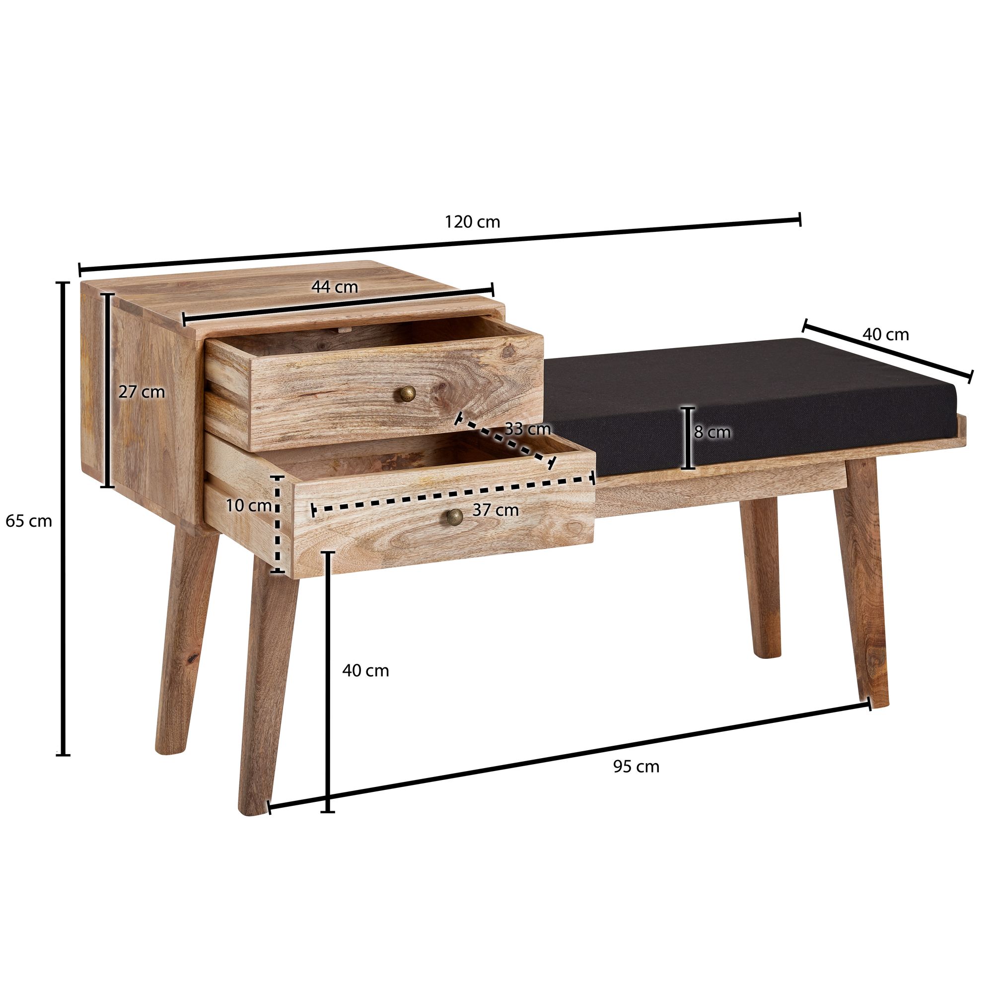Sitzbank gepolstert 120cm Massivholz Stoff Schublade Garderobenbank Flurbank – Ansicht 3