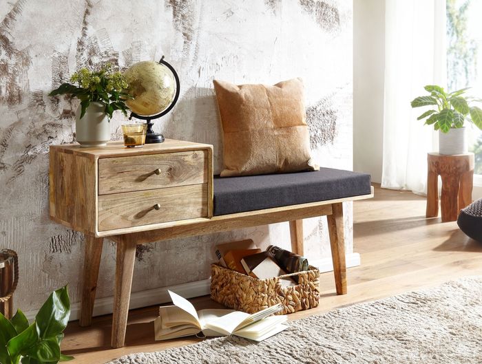 FineBuy Sitzbank Stoff / Massivholz Bank 120x65x40 cm im Retro Stil, Flur Polsterbank mit Stauraum, Gepolsterte Stoffbank Aufbewahrung Schwarz, Kleine Bettbank Flurbank