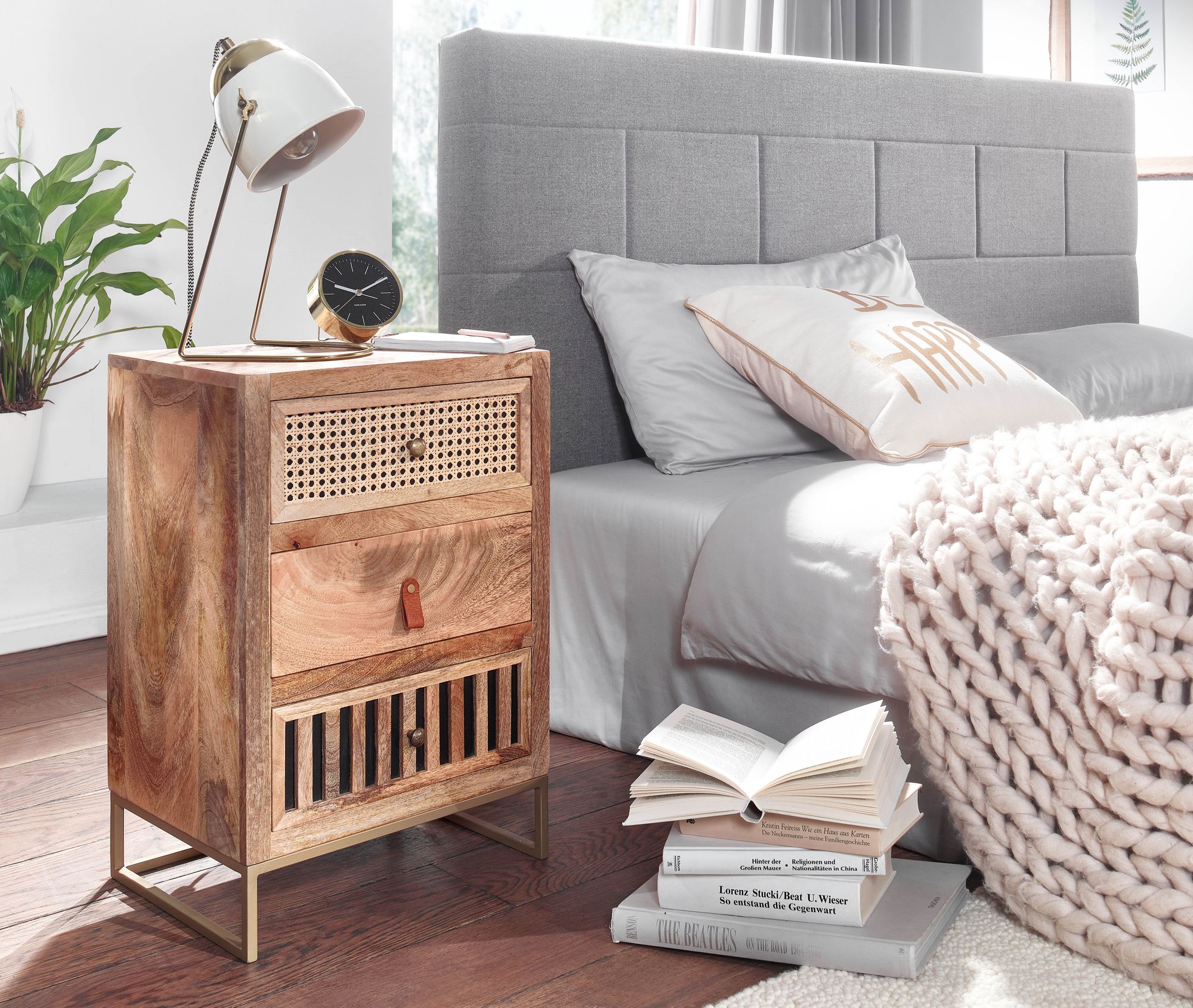 Nachttisch FineBuy Nachtkommode Boxspringbett Massivholz 60 cm Wiener Geflecht – Ansicht 2