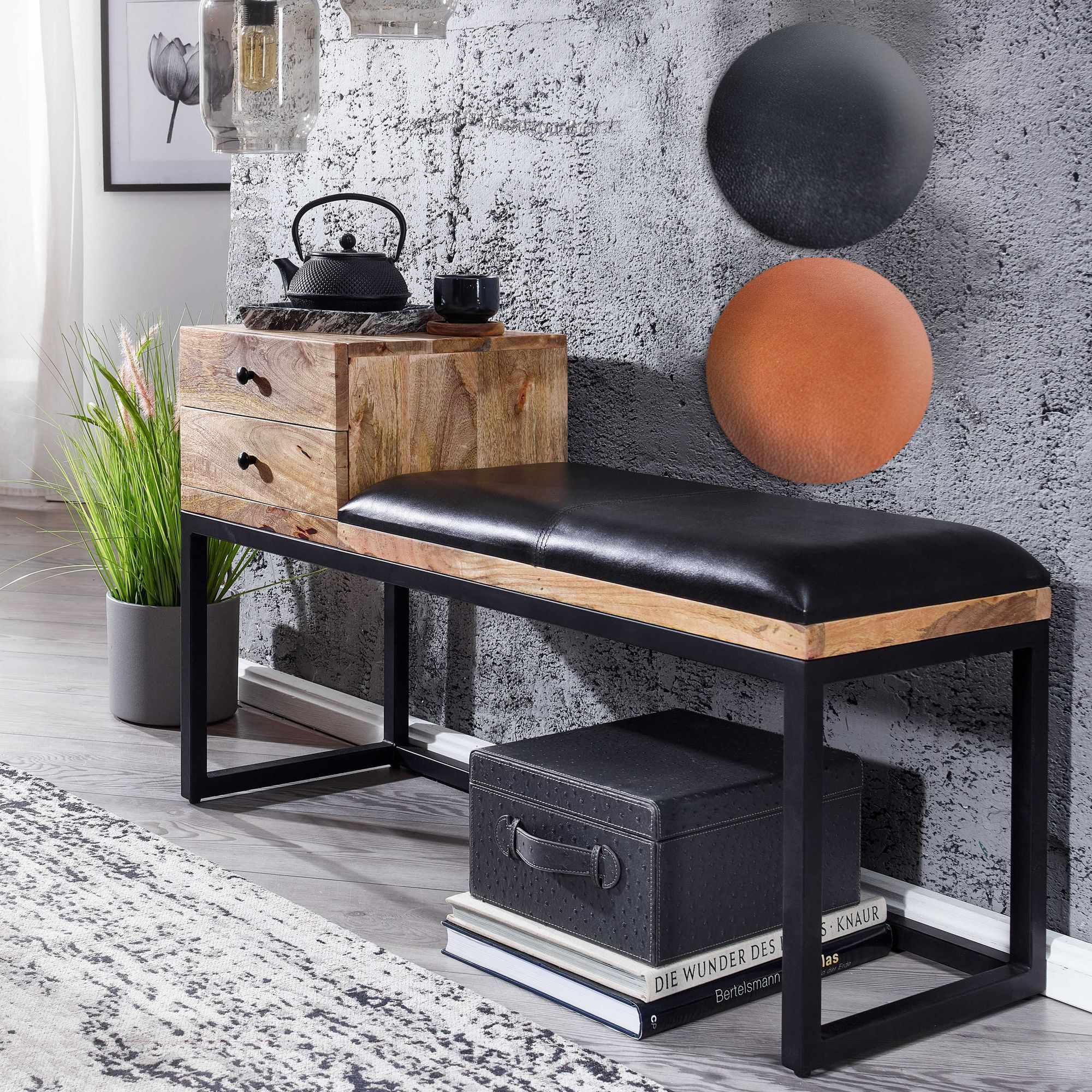 FineBuy gepolsterte Sitzbank 100 cm Massivholz Echtleder Schwarz mit Schublade - Retro Polsterbank für Garderobe, Schlafzimmer, Wohnzimmer  - Garderobenbank Eingangsbereich