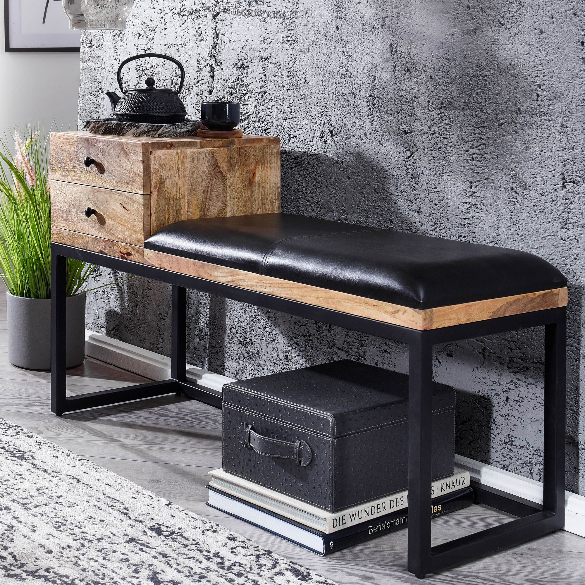 Sitzbank FineBuy Flurbank Echtleder Holz Massiv 100 cm Polsterbank Stauraum Bank – Ansicht 1