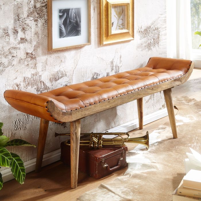 FineBuy Sitzbank Echtleder / Massivholz Bank Braun 125x50x38 cm Chesterfield, Design Polsterbank Flur, Lederbank Bettbank 2 Personen, Flurbank Modern 4251757705946