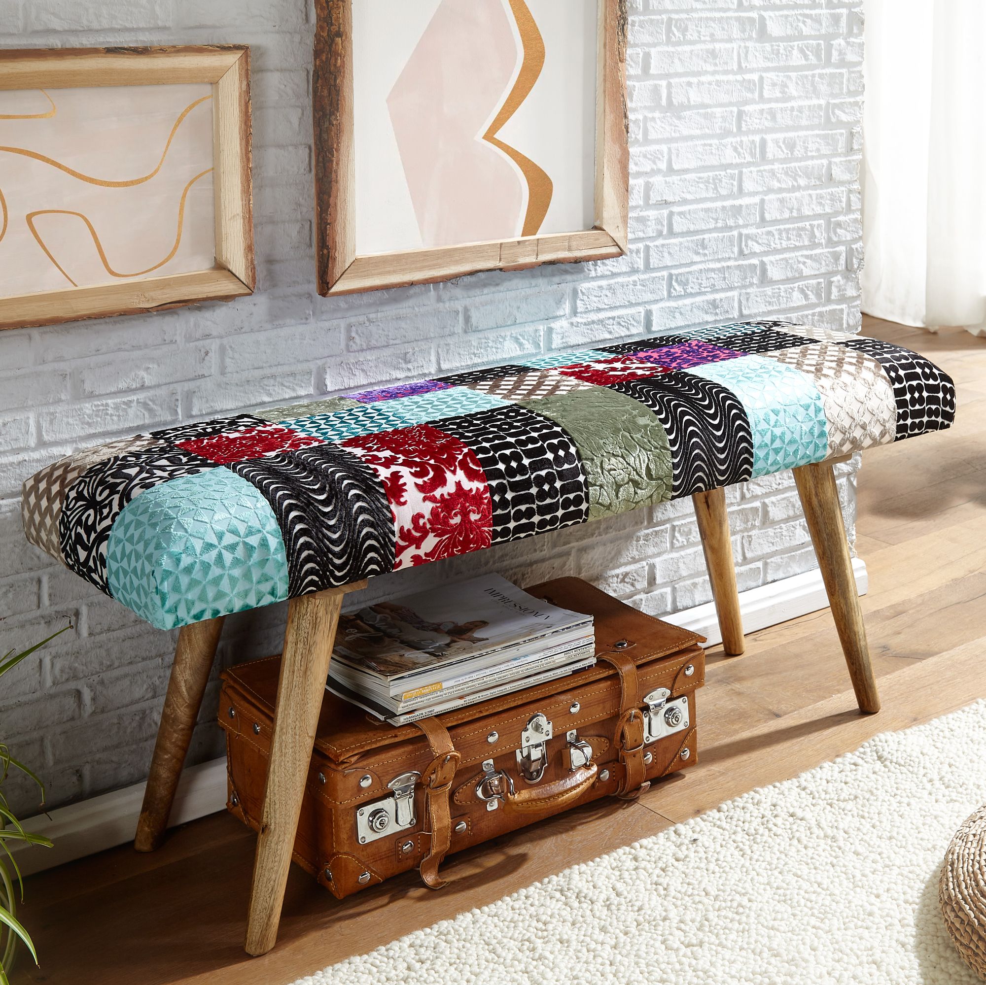 Sitzbank FineBuy Bettbank Samt 117 cm Patchwork Flurbank Polsterbank Bank Modern – Ansicht 1
