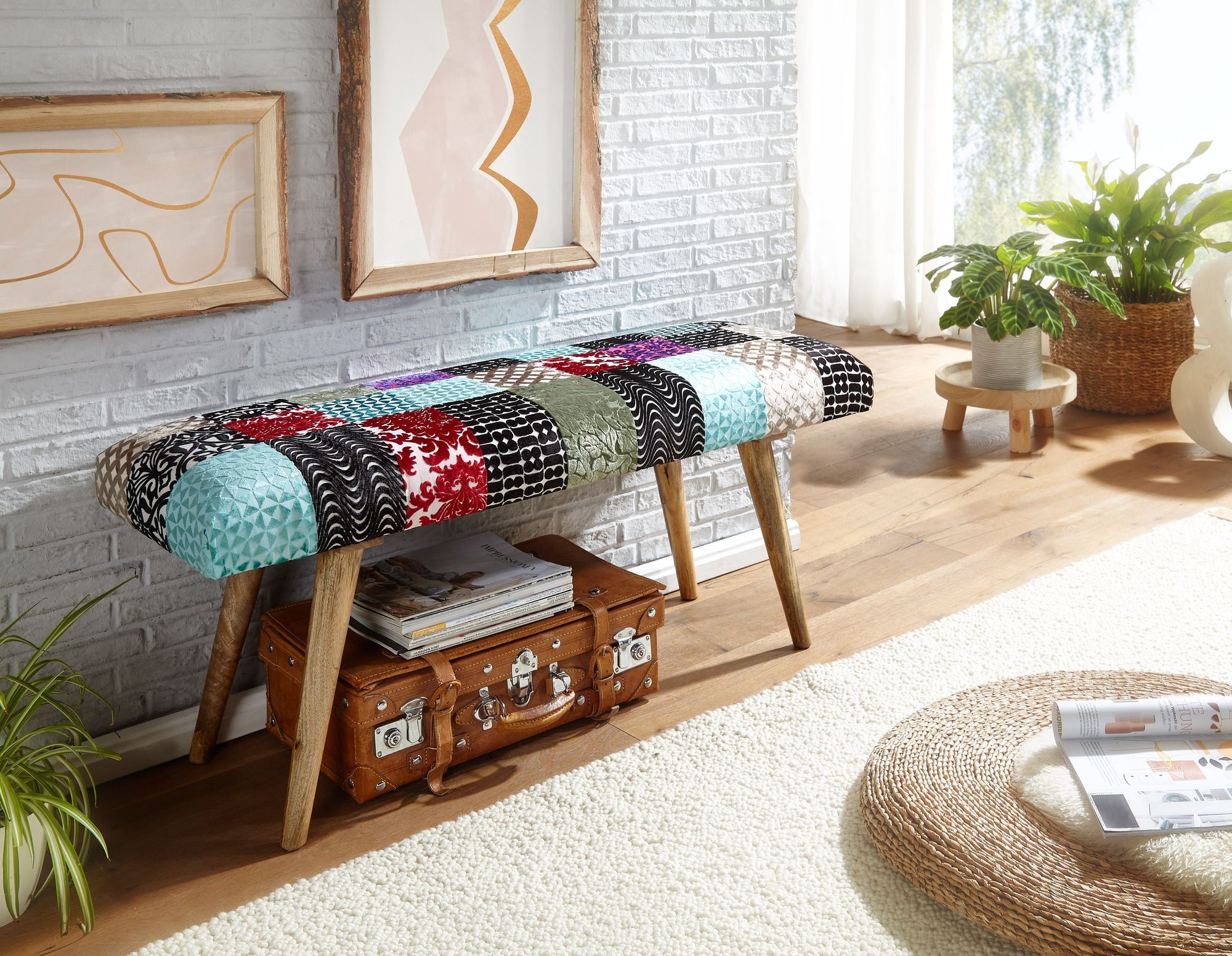 Sitzbank FineBuy Bettbank Samt 117 cm Patchwork Flurbank Polsterbank Bank Modern – Ansicht 2