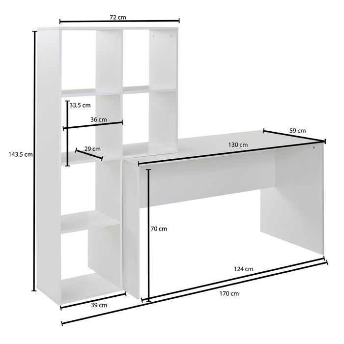 Schreibtisch FineBuy Bürotisch mit Regal 170 cm Weiß Computertisch Tisch Modern – Maßzeichnung
