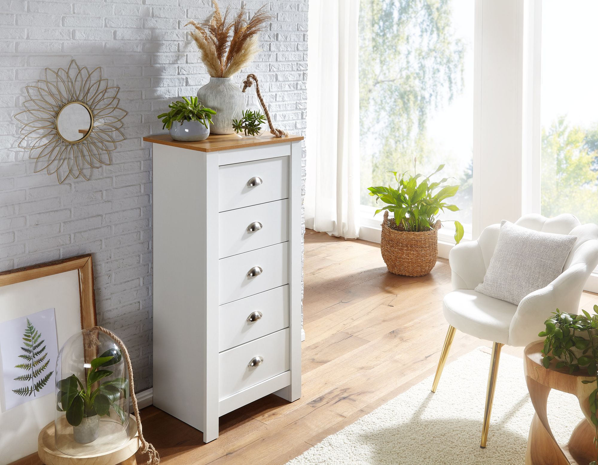 Schubladenkommode 53cm mit 5 Schubladen in MDF Weiß mit Eiche Kommode Sideboard – Ansicht 7