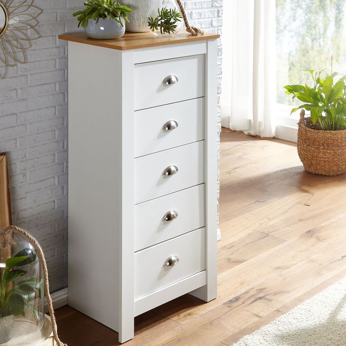 FineBuy Sideboard mit 5 Schubladen 53x114x39 cm Kommode Weiß / Eiche Modern, Design Anrichte Hoch Schmal, Schubladenkommode Wohnzimmer 4251757706011