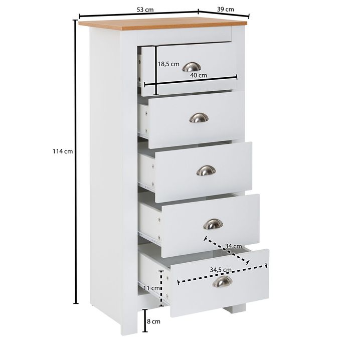 Schubladenkommode 53cm mit 5 Schubladen in MDF Weiß mit Eiche Kommode Sideboard – Maßzeichnung