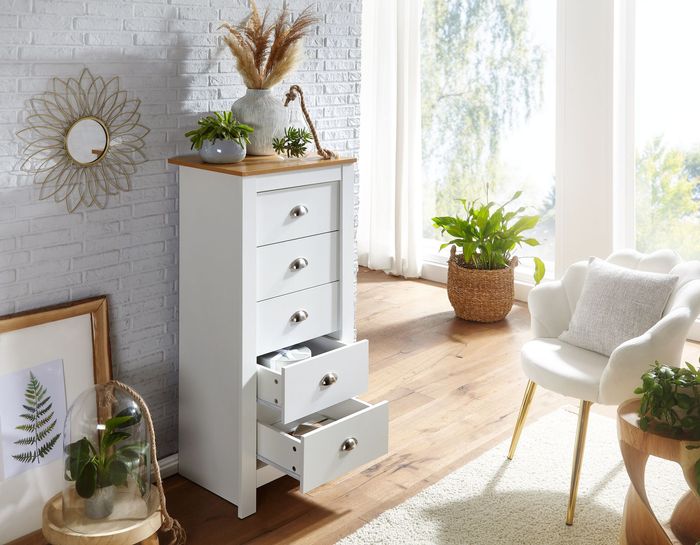 FineBuy Sideboard mit 5 Schubladen 53x114x39 cm Kommode Weiß / Eiche Modern, Design Anrichte Hoch Schmal, Schubladenkommode Wohnzimmer 4251757706011
