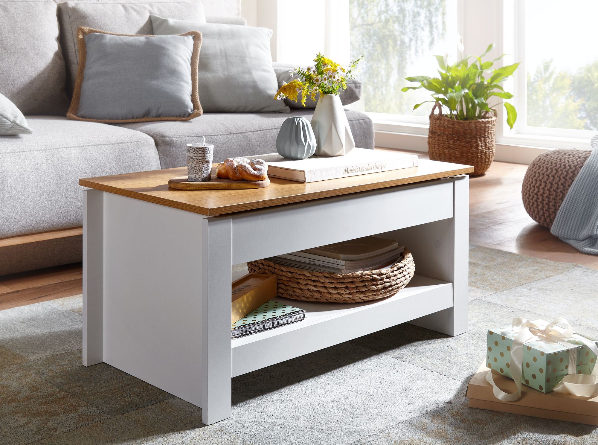 Couchtisch FineBuy Wohnzimmertisch Weiß 85x47x42cm Sofatisch Tisch mit Stauraum – Ansicht 2