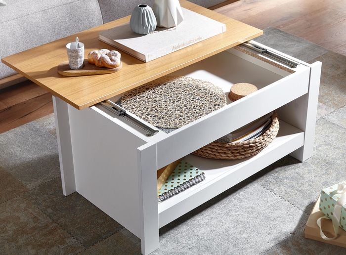 FineBuy Couchtisch Weiß / Eiche 85x47x45 cm Wohnzimmertisch mit Stauraum, Design Sofatisch mit Ablagefach Modern, Kaffeetisch Loungetisch Eckig 4251757706028
