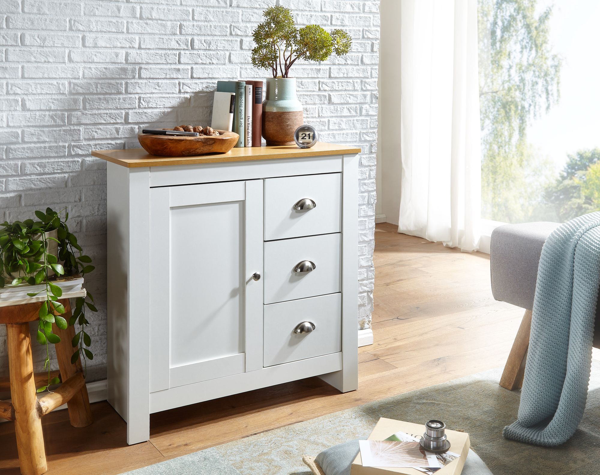 Sideboard 80 cm MDF Weiß & Eiche Dekor Design Kommode mit 3 Schubladen & 1 Tür – Ansicht 4