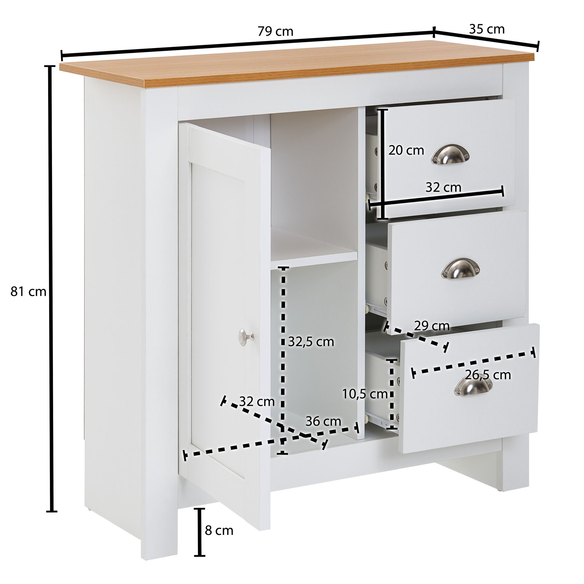 Sideboard 80 cm MDF Weiß & Eiche Dekor Design Kommode mit 3 Schubladen & 1 Tür – Ansicht 3