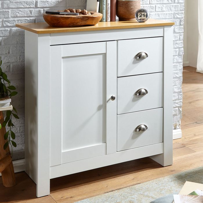 FineBuy Sideboard mit 3 Schubladen 79x81x35 cm Kommode Weiß / Eiche Modern, Design Anrichte Hoch mit Tür, Schubladenkommode Wohnzimmer 4251757706073