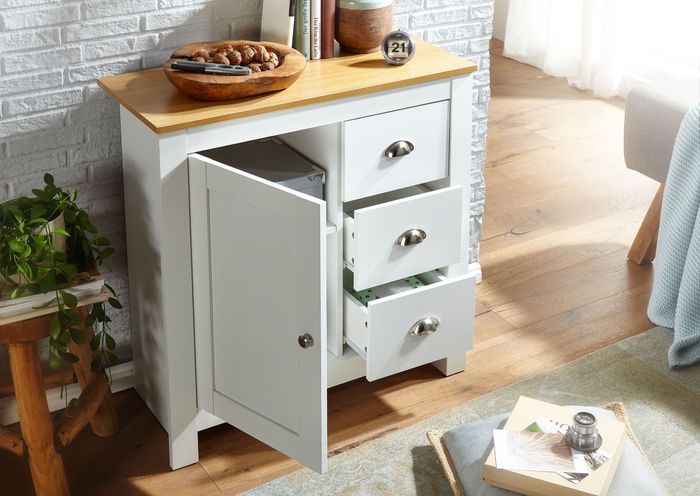 FineBuy Sideboard mit 3 Schubladen 79x81x35 cm Kommode Weiß / Eiche Modern, Design Anrichte Hoch mit Tür, Schubladenkommode Wohnzimmer 4251757706073