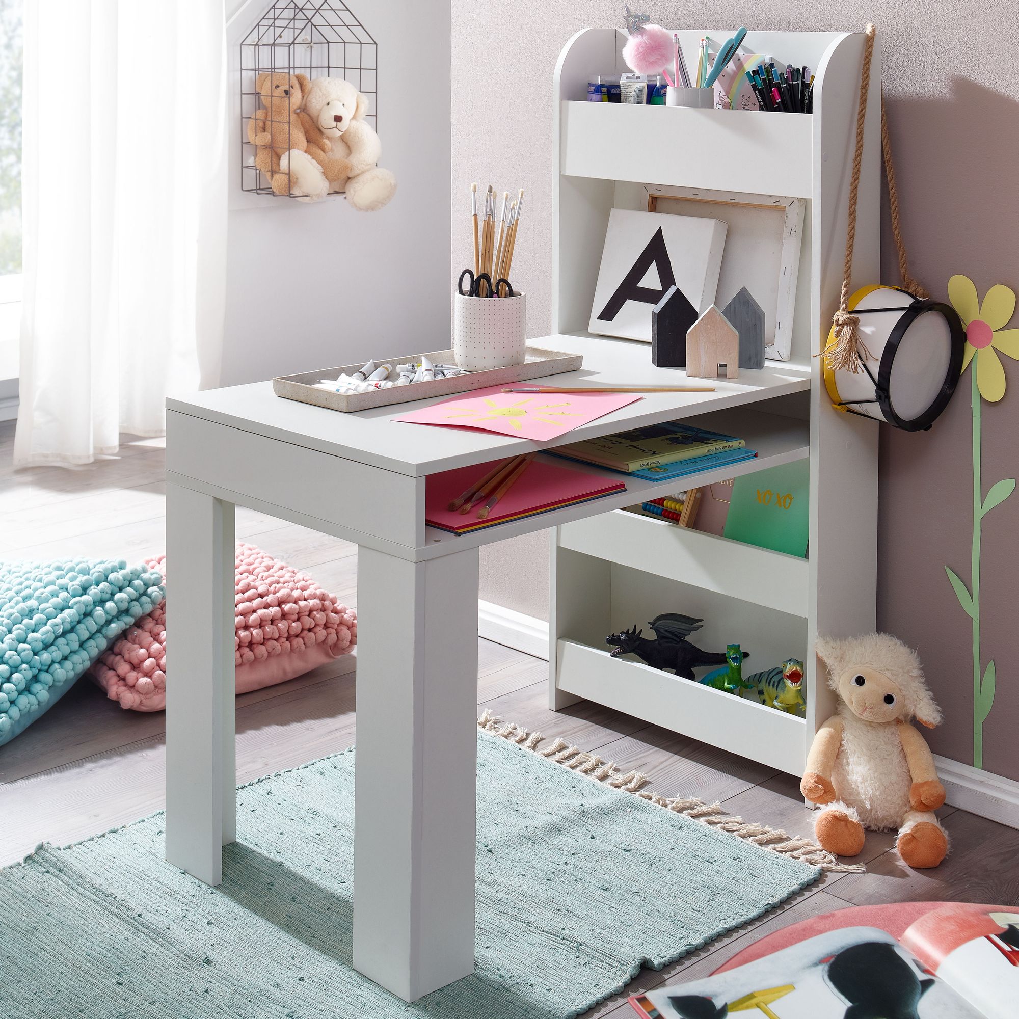 Kinderschreibtisch FineBuy Weiß 90x50x110 cm Schülerschreibtisch Tisch mit Regal – Ansicht 1