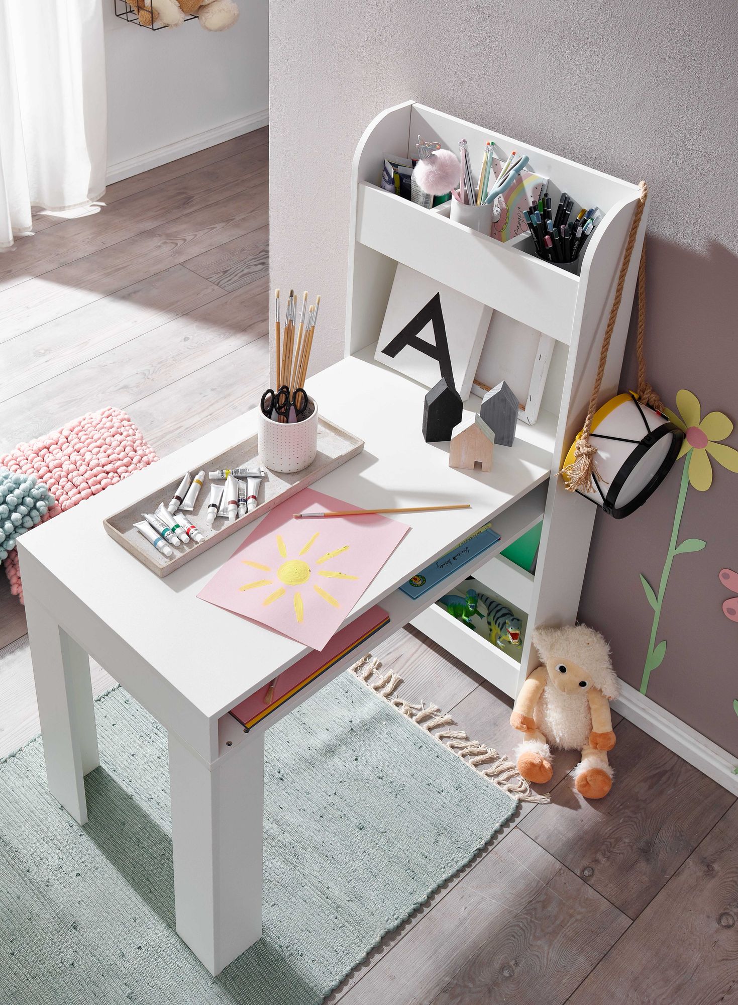 Kinderschreibtisch FineBuy Weiß 90x50x110 cm Schülerschreibtisch Tisch mit Regal – Ansicht 4