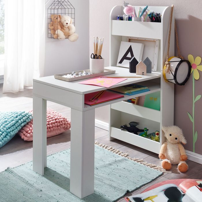 FineBuy Kinderschreibtisch Weiß 90x50x110 cm Maltisch Kinderzimmer mit Regal, Kindertisch Modern, Schülerschreibtisch mit Stauraum, Schultisch Schmal 4251757706080