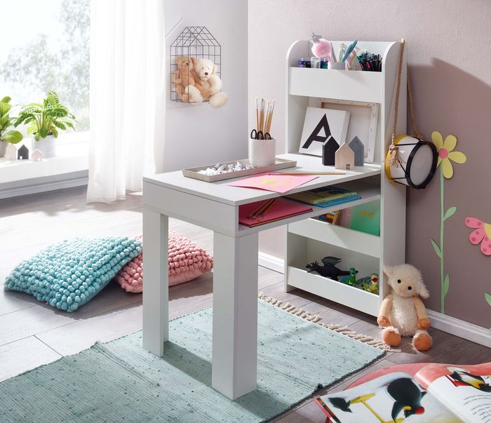 FineBuy Kinderschreibtisch Weiß 90x50x110 cm Maltisch Kinderzimmer mit Regal, Kindertisch Modern, Schülerschreibtisch mit Stauraum, Schultisch Schmal 4251757706080