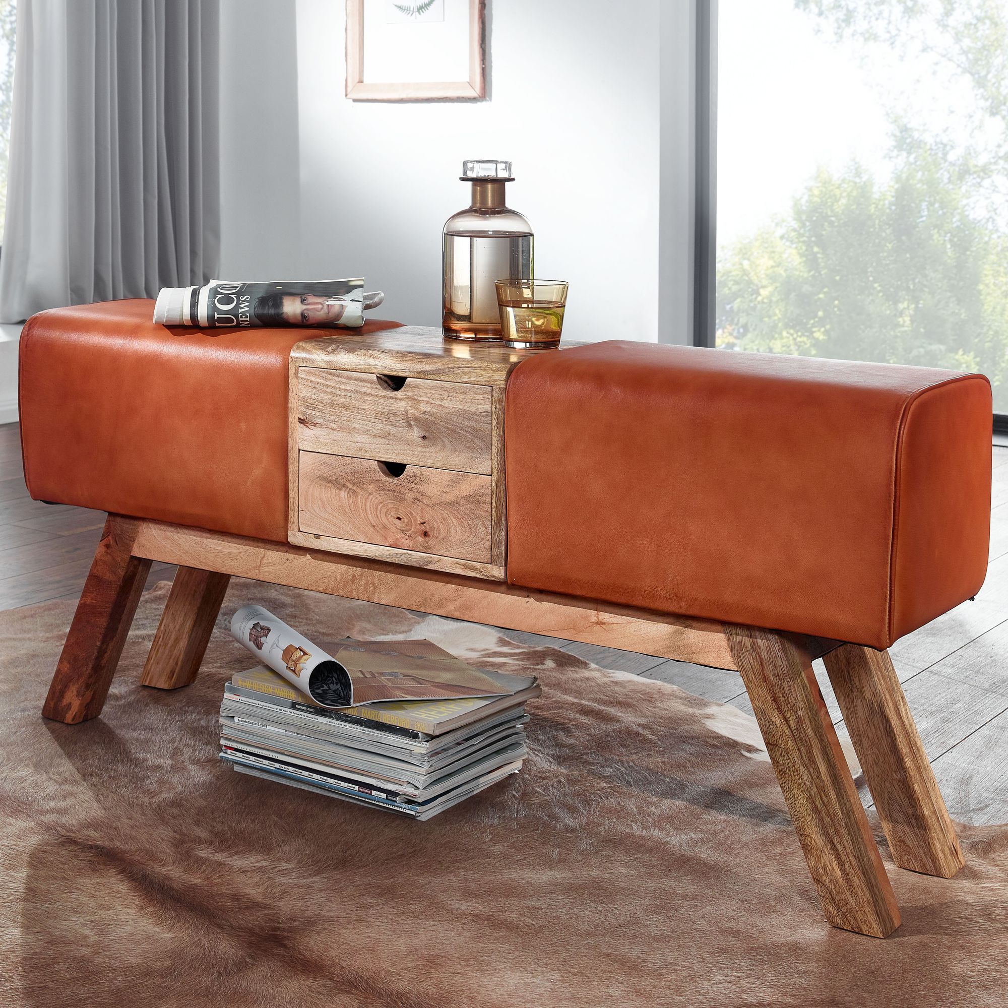 FineBuy Design Turnbock Sitzbank Braun mit Schubladen 120x56x30 cm, Turnhocker Bank aus Echtleder mit Stauraum, Hocker Garderobenbank Sitzhocker Springbock Turnbank