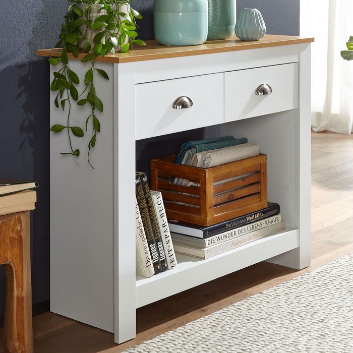 FineBuy Konsolentisch 85x35x76 cm Weiß / Eiche Design Anrichte Modern Schmal, Ablagetisch Flur mit Schubladen & Stauraum, Flurtisch Hoch 4251757706110