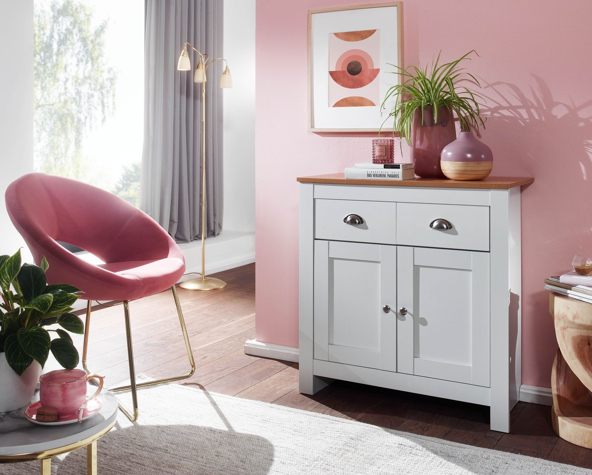 Sideboard MDF Weiß - Eiche 80cm Kommode mit 2 Schubladen & 2 Türen modernes Design – Ansicht 5