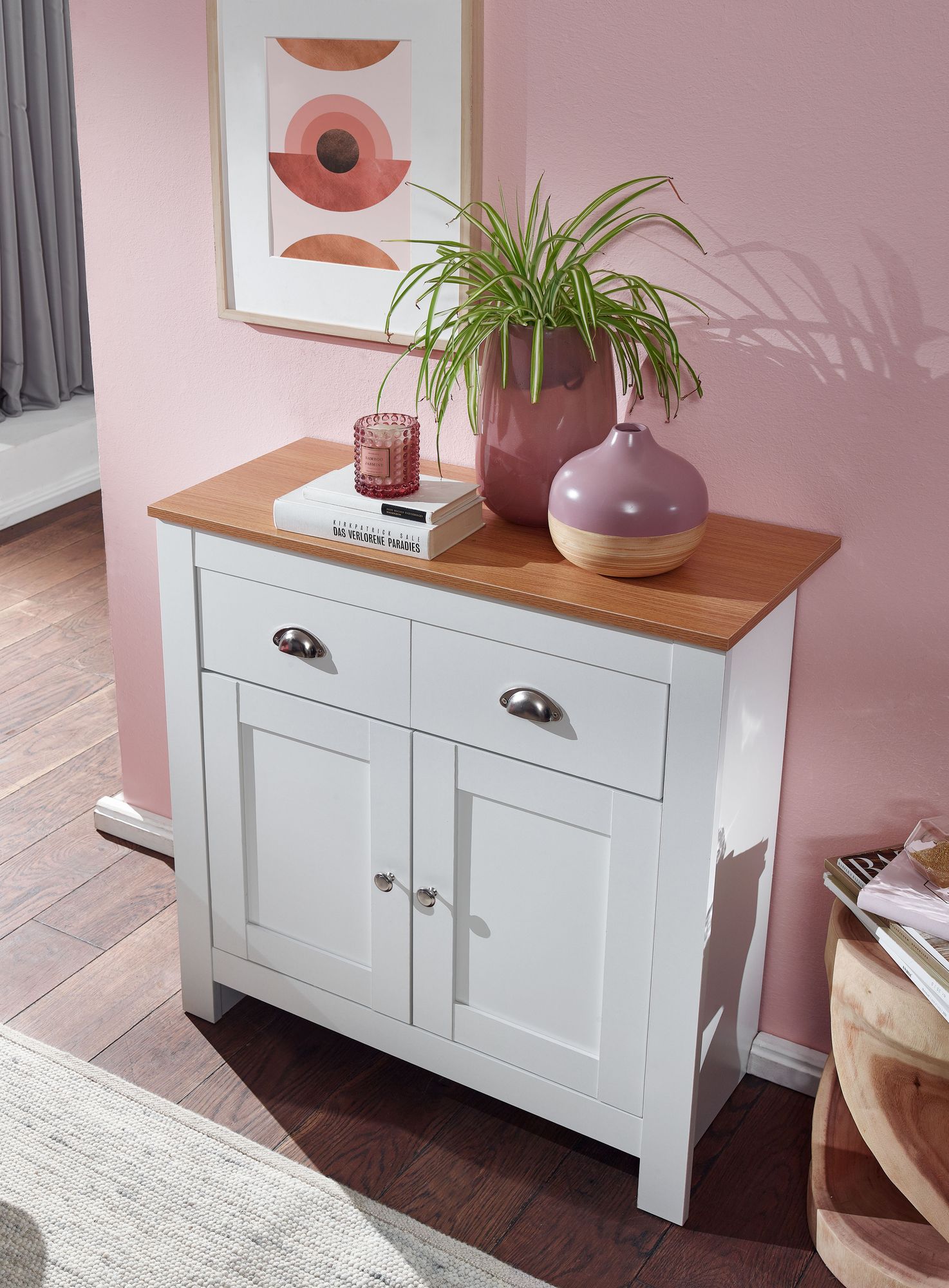Sideboard MDF Weiß - Eiche 80cm Kommode mit 2 Schubladen & 2 Türen modernes Design – Ansicht 4