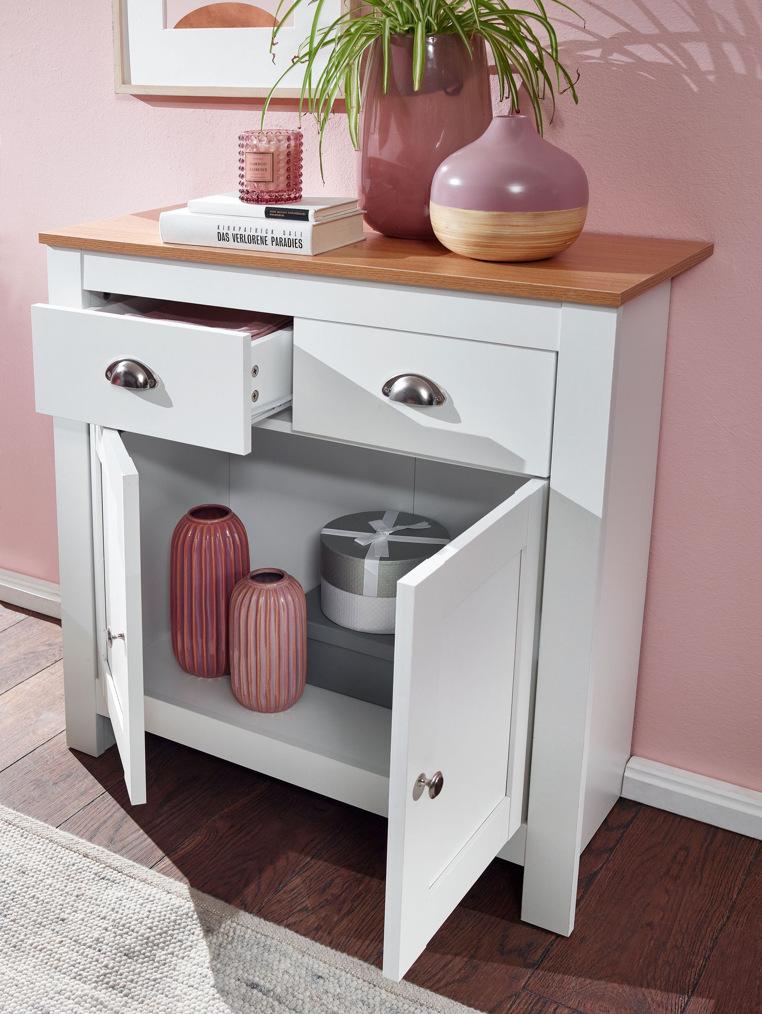 Sideboard MDF Weiß - Eiche 80cm Kommode mit 2 Schubladen & 2 Türen modernes Design – Ansicht 2
