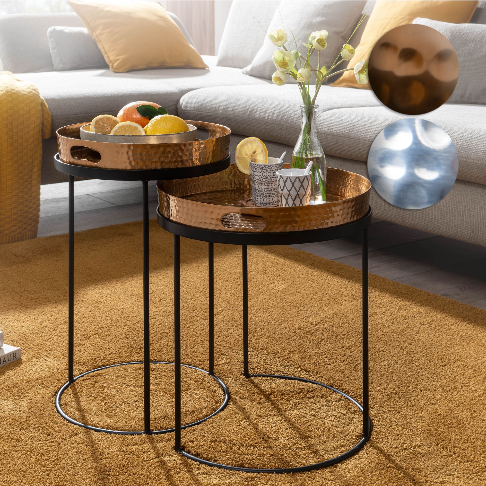 FineBuy Beistelltisch 2er Set Metall Hammerschlag Satztisch Rund, Couchtisch abnehmbares Tablett, Tabletttisch Sofa 2 teilig Modern, Runder Sofatisch | Farbe: Gold FineBuy Beistelltisch 2er Set Metall Hammerschlag Satztisch Rund, Couchtisch abnehmbares Tablett, Tabletttisch Sofa 2 teilig Modern, Runder Sofatisch | Farbe: Gold