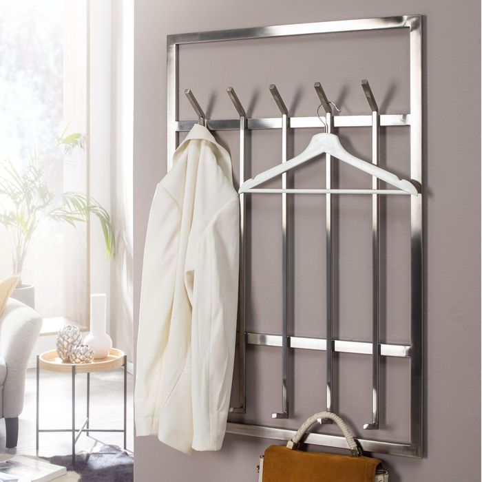 FineBuy Wandgarderobe Metall Silber 60x100x7,5 cm Design Flurgarderobe Stahl, Hakenleiste Wandpaneel, Garderobe Wand, Garderobenleiste Flur 4251757706479