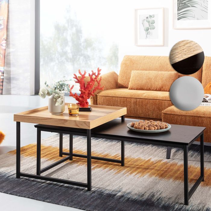 FineBuy Couchtisch 2er Set Holz / Metall Sofatisch Eckig Modern, Beistelltisch 2-teilig, Design Wohnzimmertische, Holztisch Satztische