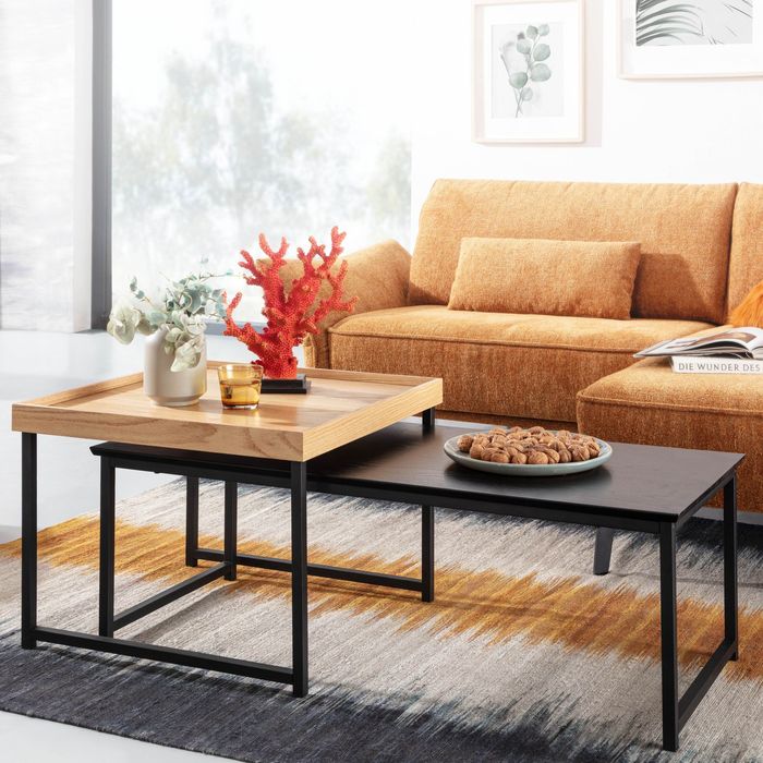 FineBuy Couchtisch 2er Set Holz / Metall Sofatisch Eckig Modern, Beistelltisch 2-teilig, Design Wohnzimmertische, Holztisch Satztische